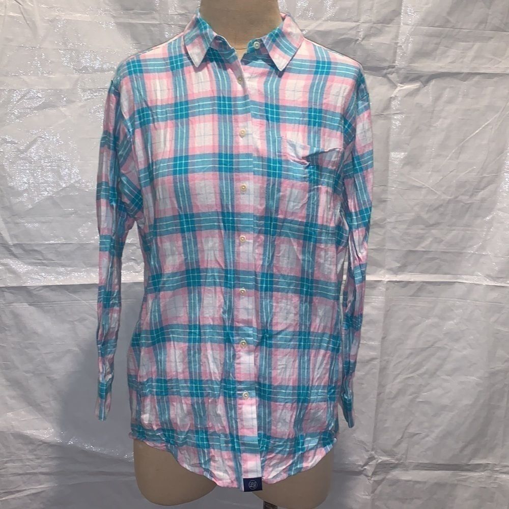 Lauren James baby pink, blue, and white boyfriend flannel, medium